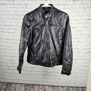 Nicole Miller New York Black Genuine Leather Cafe Racer Jacket Womens Medium